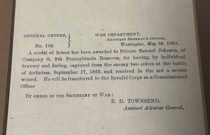 EARLY MEDAL OF HONOR Original General Order— PENNSYLVANIA HERO (ANTIETAM)