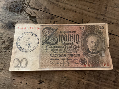 1929 German 20 Reichsmark Banknote-Waffen SS Totenkopf Ink Stamp