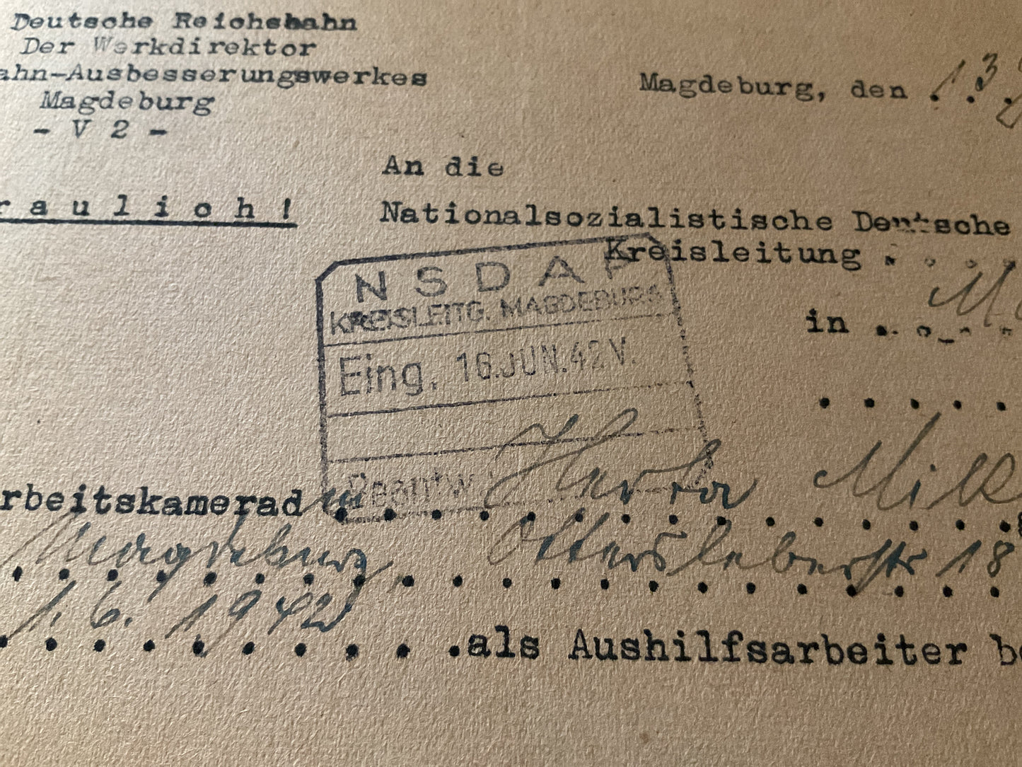 Original 1942 Deutsche Reichsbahn Political Reliability Inquiry to the NSDAP-Confidential Personnel Screening Letter