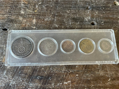 Complete WWII German Third Reich Coin Type Set Display – 5 Reichsmark to 1 Reichspfennig