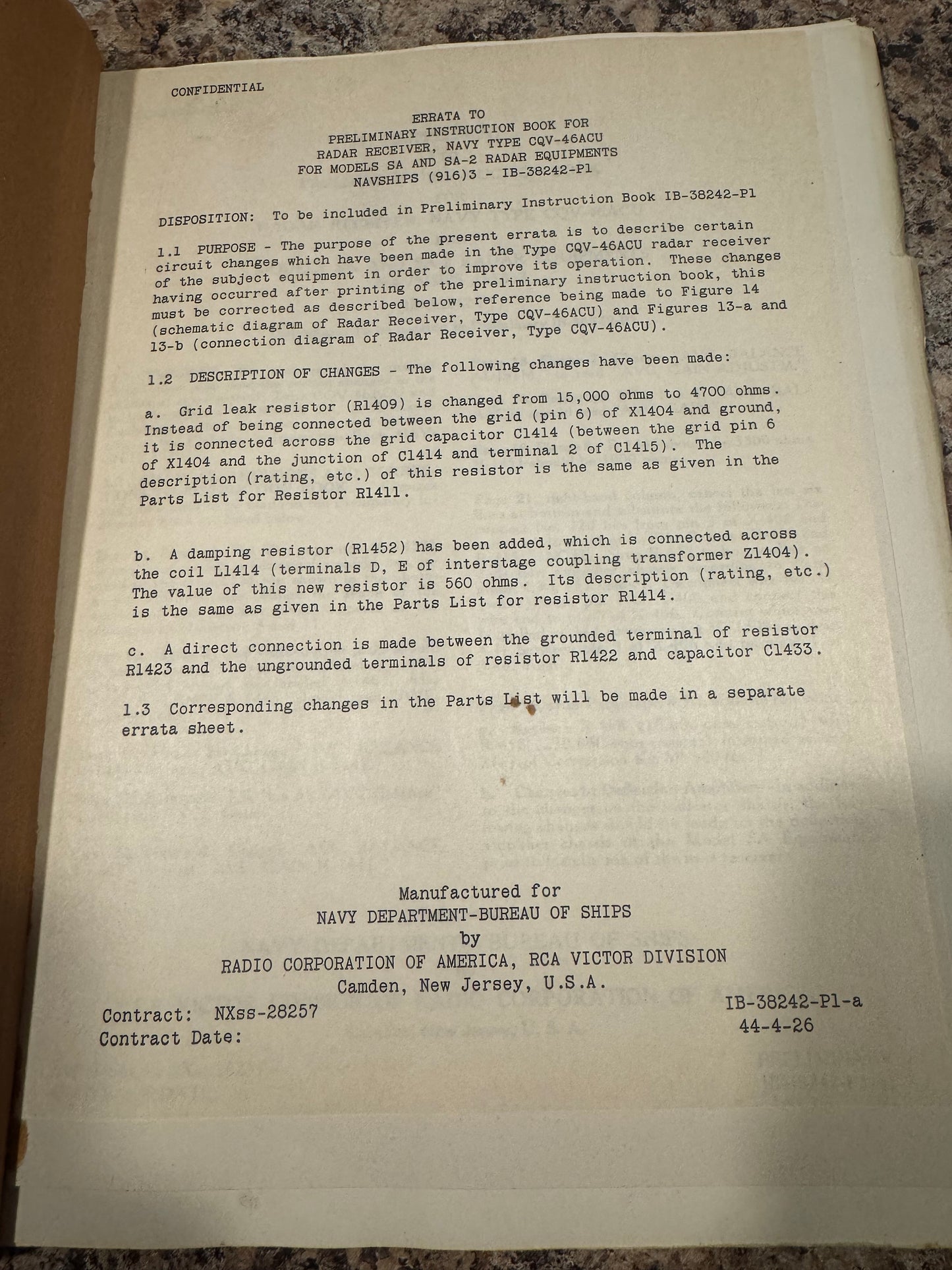 WWII U.S. Navy Radar Receiver CQV-46ACU Instruction Manual – NAVSHIPS 916(3) – For SA & SA-2 Radar – RCA Victor
