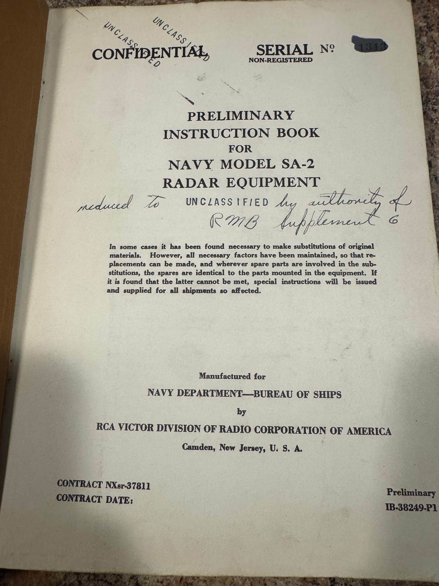 WWII U.S. Navy SA-2 Radar Equipment Instruction Manual – Ships 276 – RCA Victor