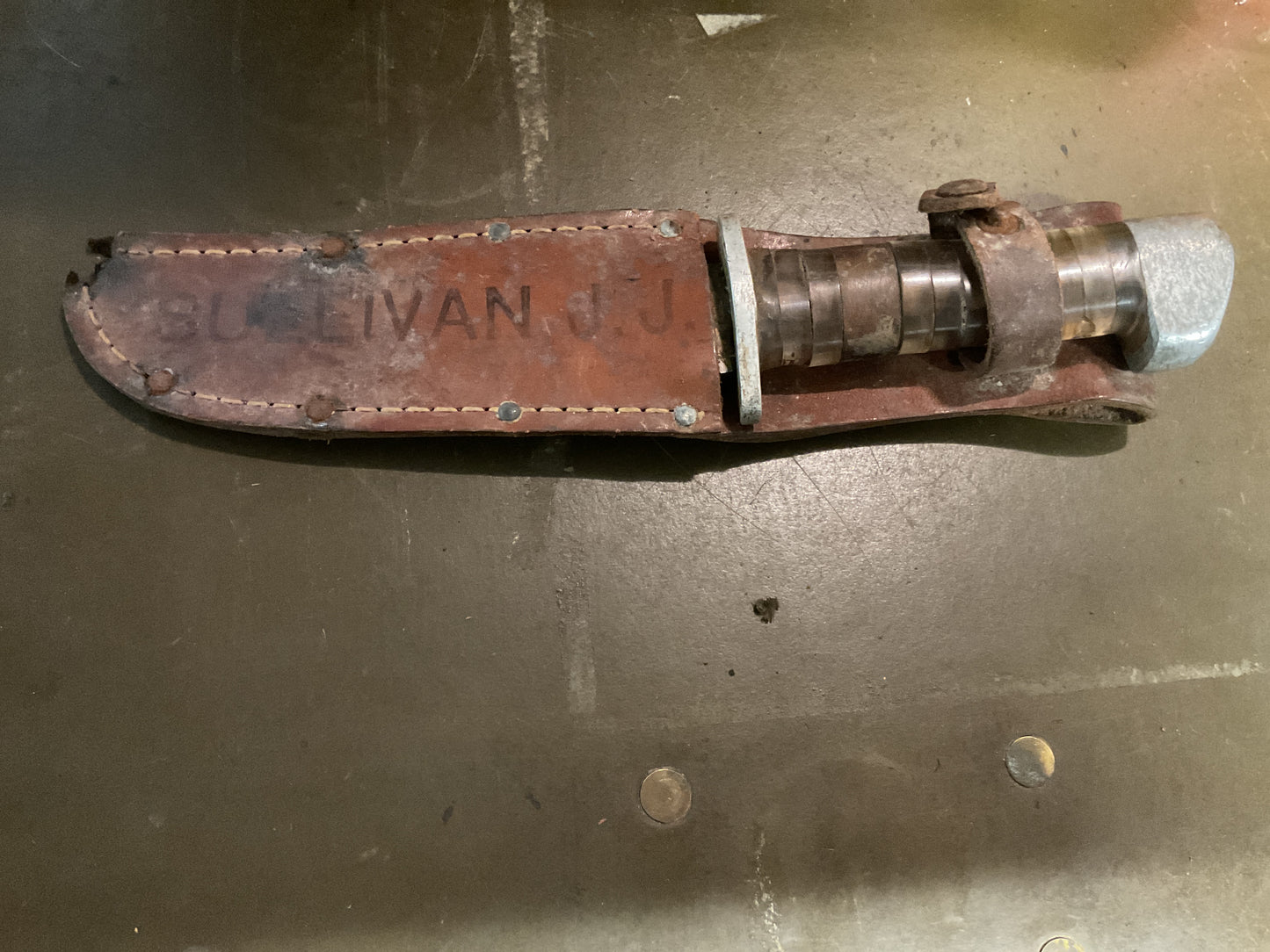 WWII Theatre Knife brown & clear handle sheath named Sullivan