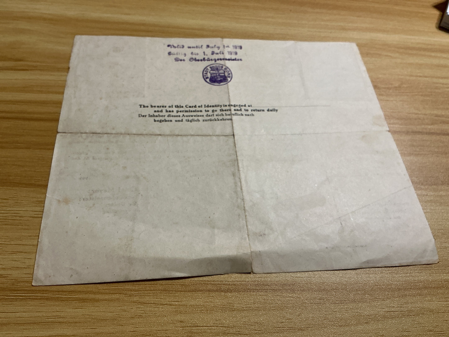 Original 1918-1919 Allied Occupation of Germany Bonn Identity Card Photo ID-Post-WWI