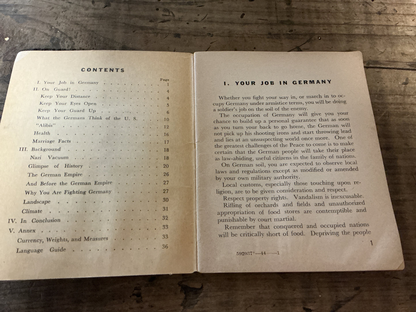 Original WWII U.S. Army Pocket Guide to Germany 1944 War Dept. Occupation Manual