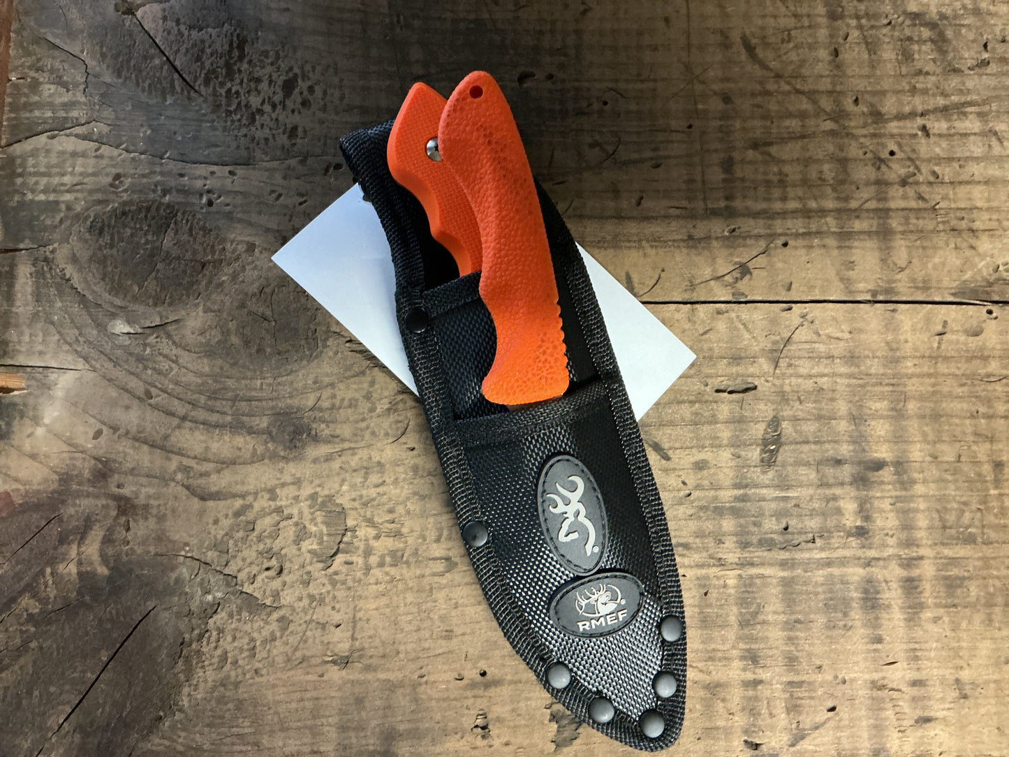Browning RMEF Hunting Knife Set Skinner & Caping Knife Orange Handles w/ Sheath