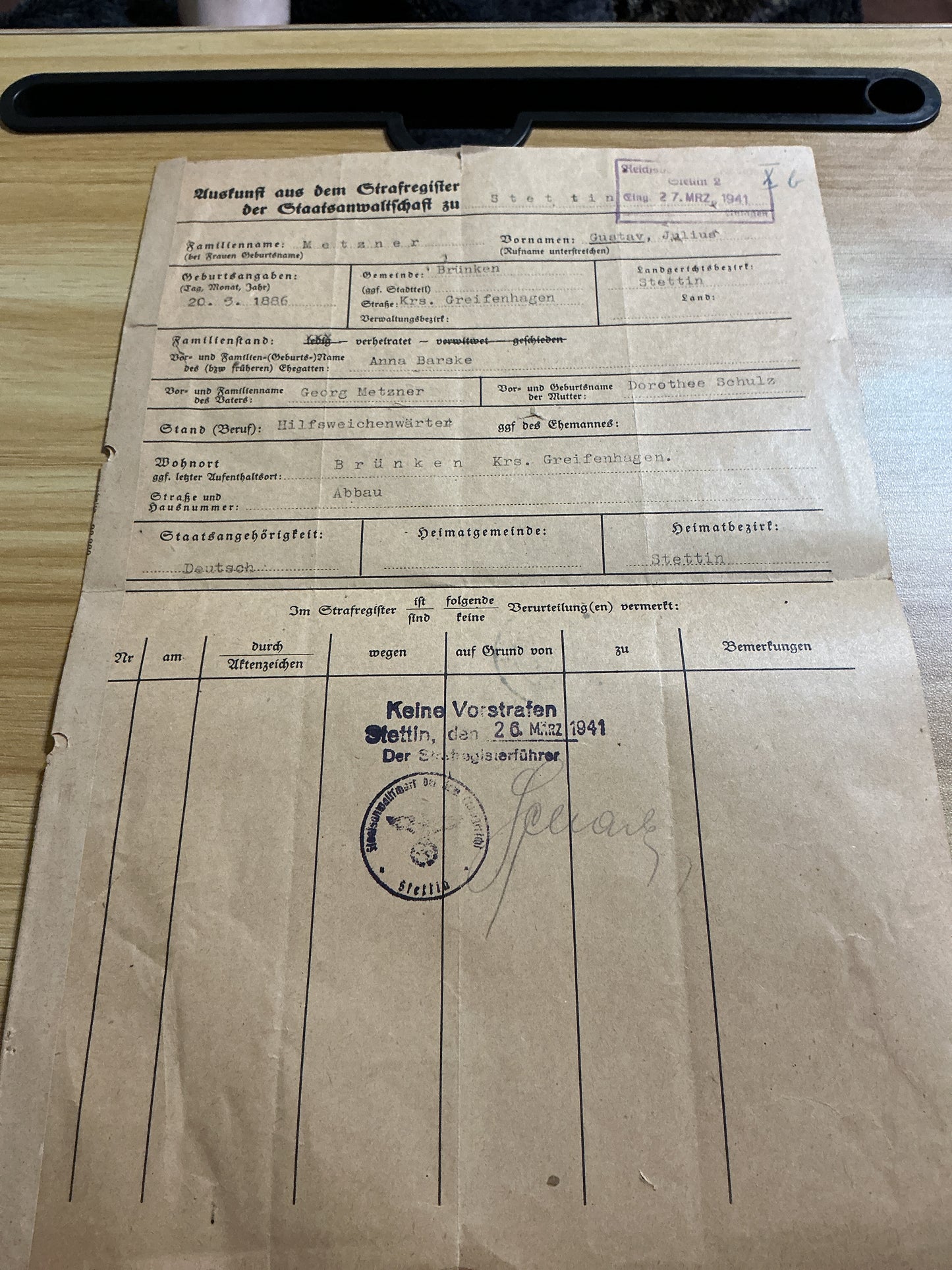 WWII German Criminal Records Registry Extract-(Stettin, 1941)