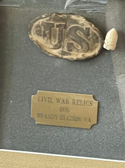 Civil War Relic Display – Dug U.S. Belt Plate, Minié Ball & Horseshoe Relics