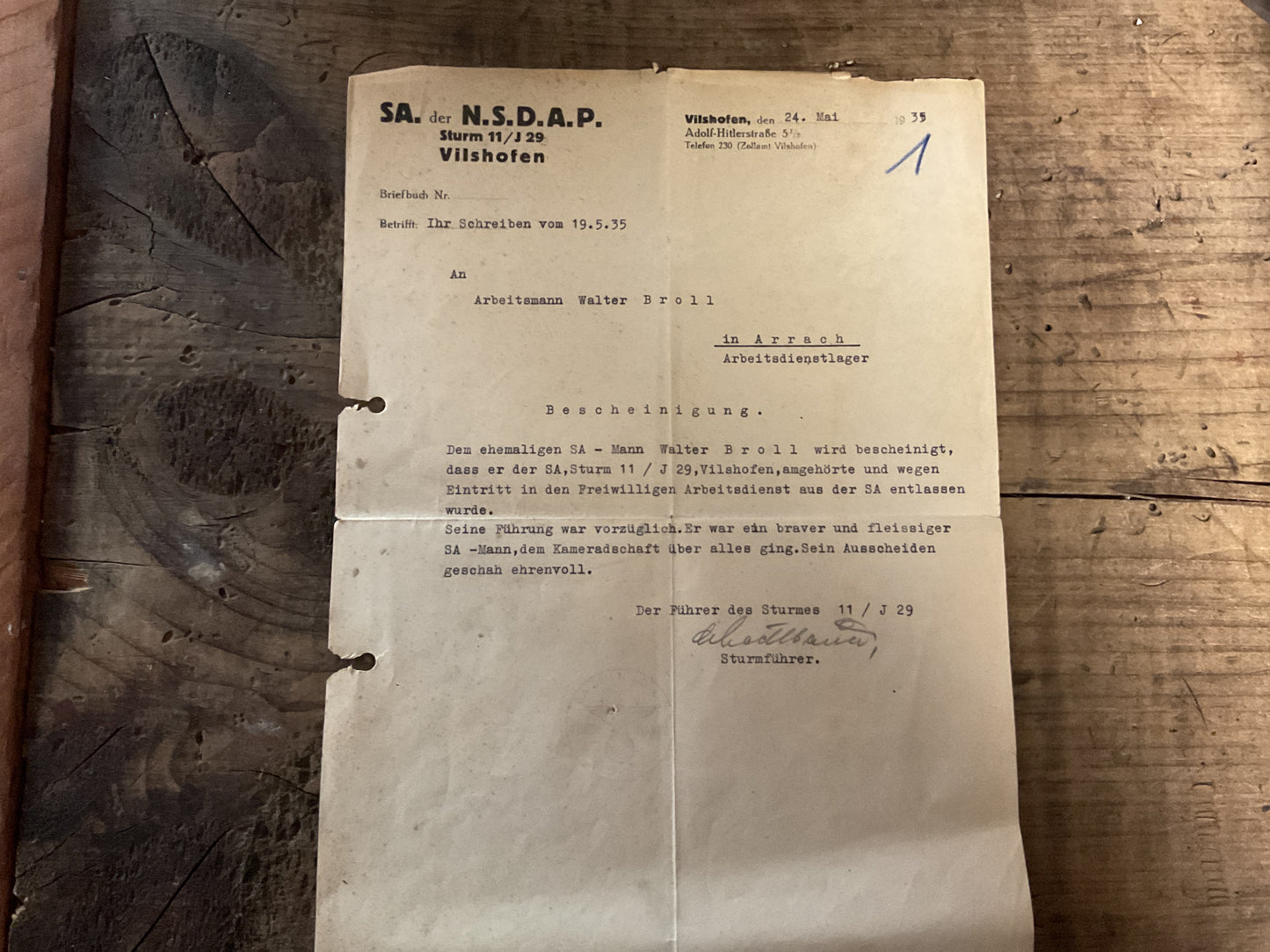 1935 SA Service Certificate/Character Reference Document for Walter Broll-Vilshofen Sturm 11/J 29