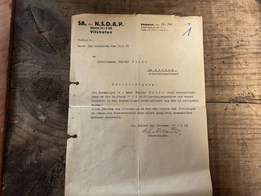 1935 SA Service Certificate/Character Reference Document for Walter Broll-Vilshofen Sturm 11/J 29