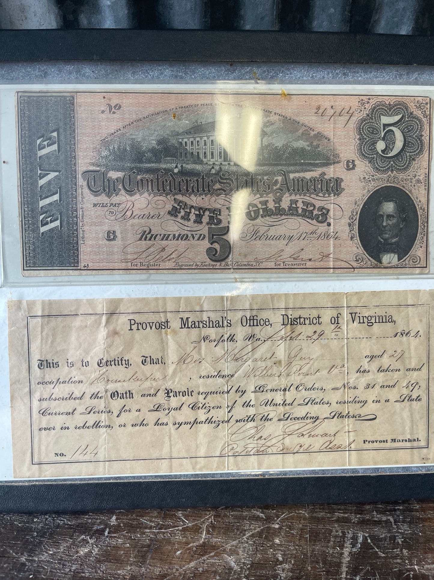 1864 Confederate States of America $5 Note & Norfolk, Virginia Oath of Allegiance Document Display