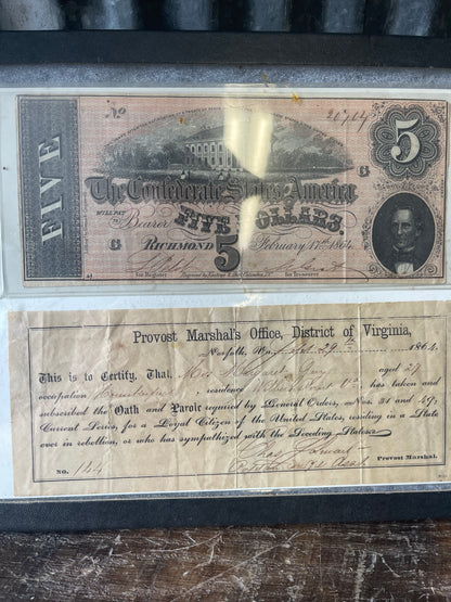 1864 Confederate States of America $5 Note & Norfolk, Virginia Oath of Allegiance Document Display
