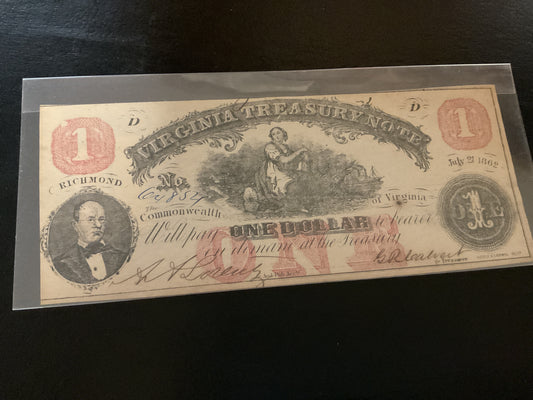 Confederate of Virginia One Dollar Treasury Note Civil War