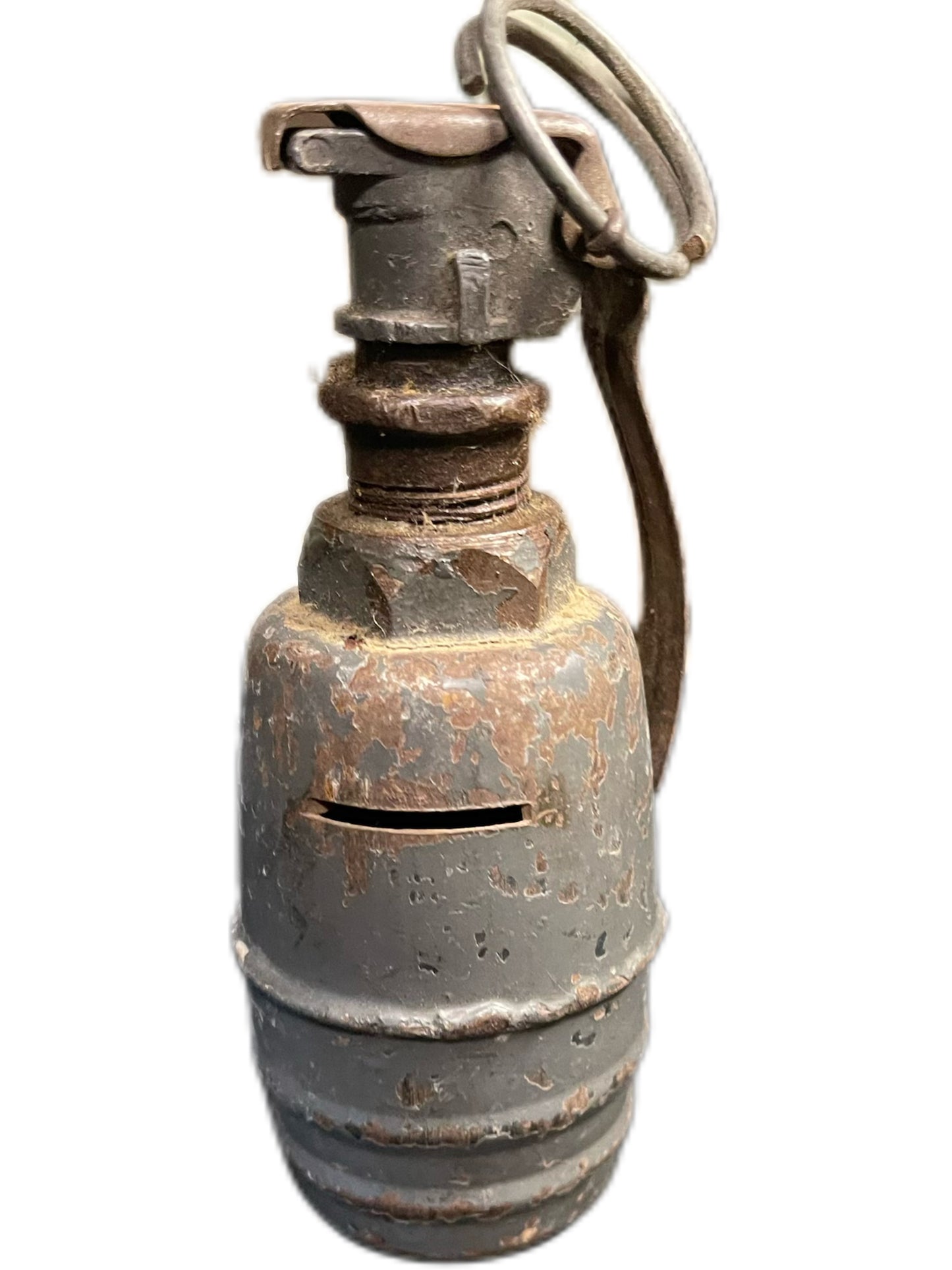 Inert Post-WWI British MKV Lachrymatory Gas Grenade with Early MKII Fuse – Converted to Coin Bank with Penny Inside