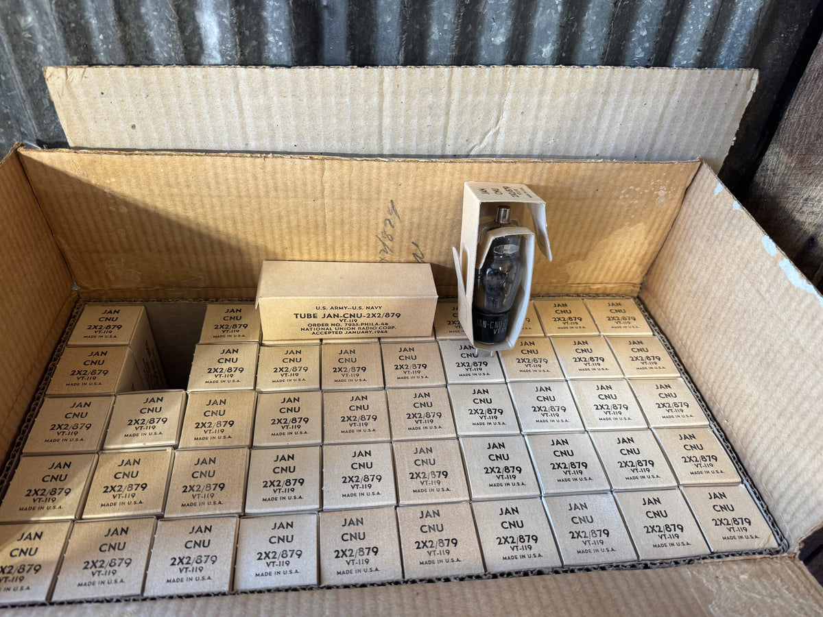 WWII National Union JAN-CNU 2X2/879 VT-119 Vacuum Tubes – NOS Lot of 49 in Original Shipping Carton