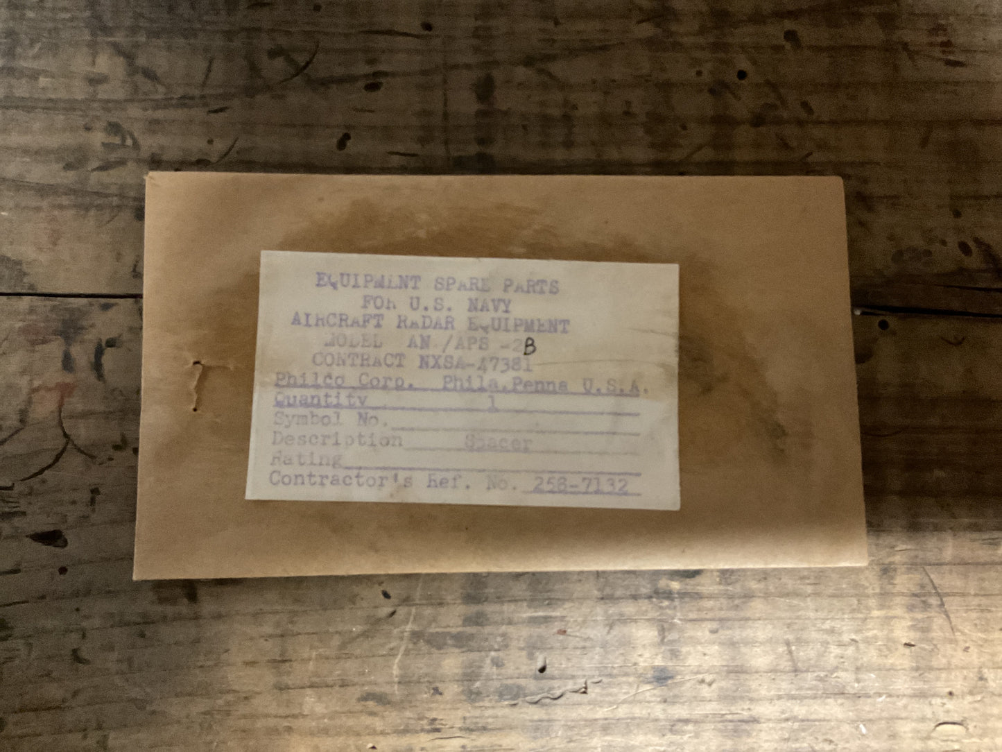 WWII U.S. Navy Radar Spare Parts Envelope AN/APS-2B-Philco-Empty