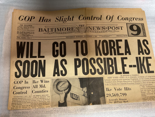 The Baltimore News Post Nov 5,1952 “Will go to Korea”