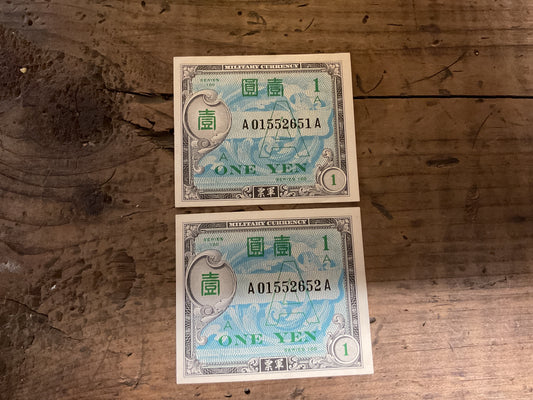 Consecutive Serial Numbered Pair-WWII Japanese Military Currency-One Yen Notes