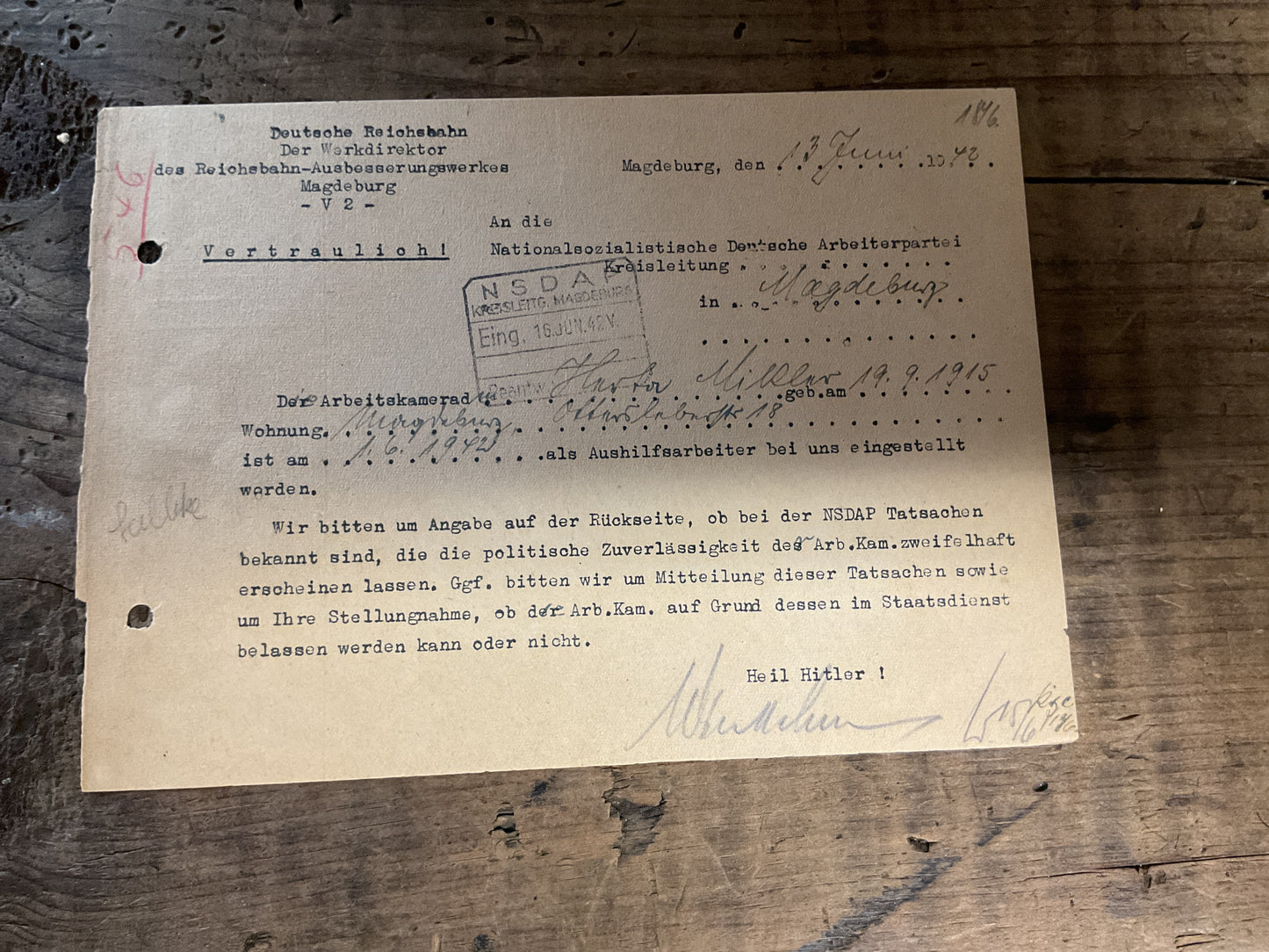 Original 1942 Deutsche Reichsbahn Political Reliability Inquiry to the NSDAP-Confidential Personnel Screening Letter
