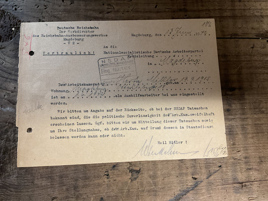 Original 1942 Deutsche Reichsbahn Political Reliability Inquiry to the NSDAP-Confidential Personnel Screening Letter