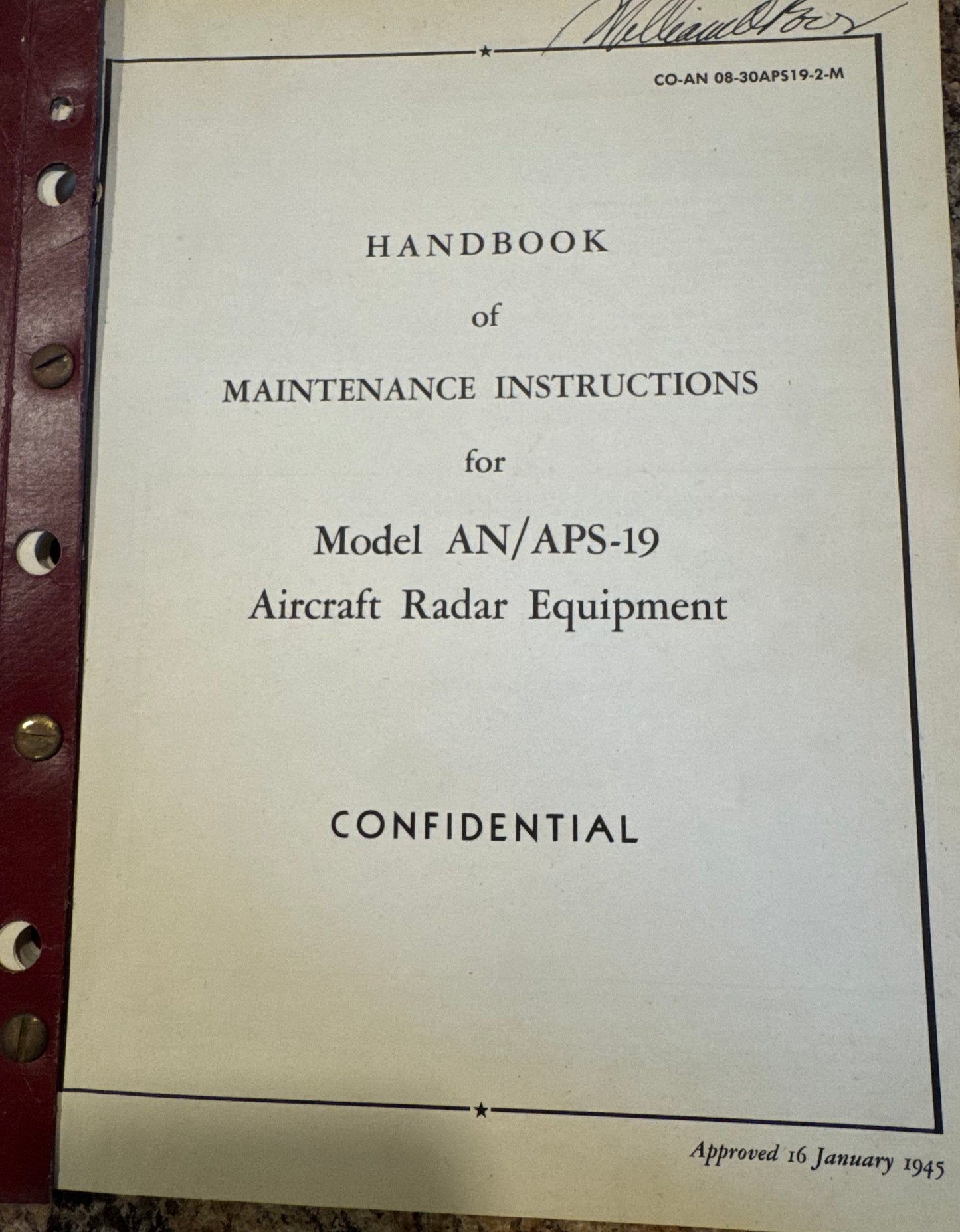1945 Confidential AN/APS-19 Aircraft Radar Equipment Maintenance Manual