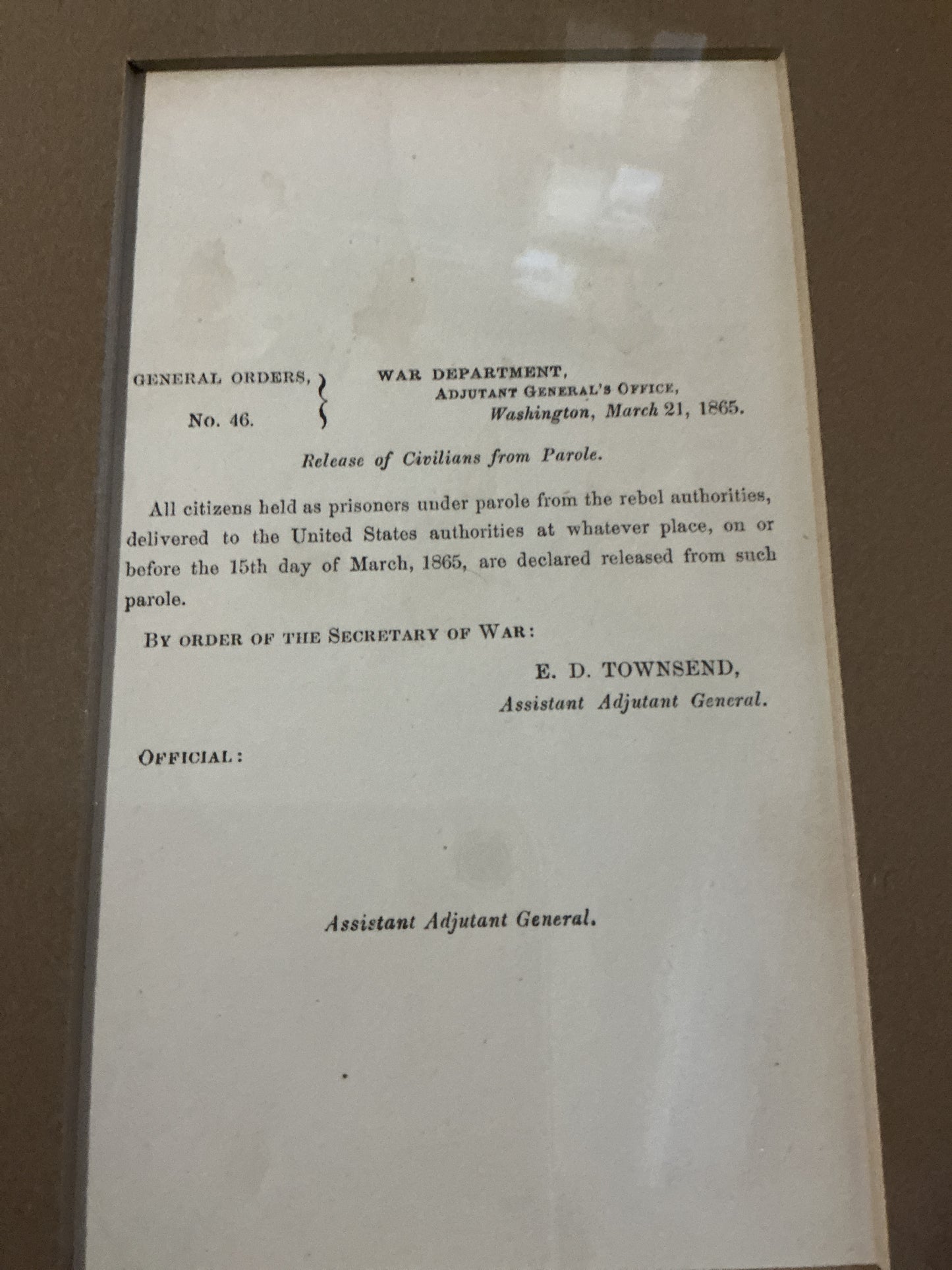 Civil War - General Order 1865 Release of Civilians