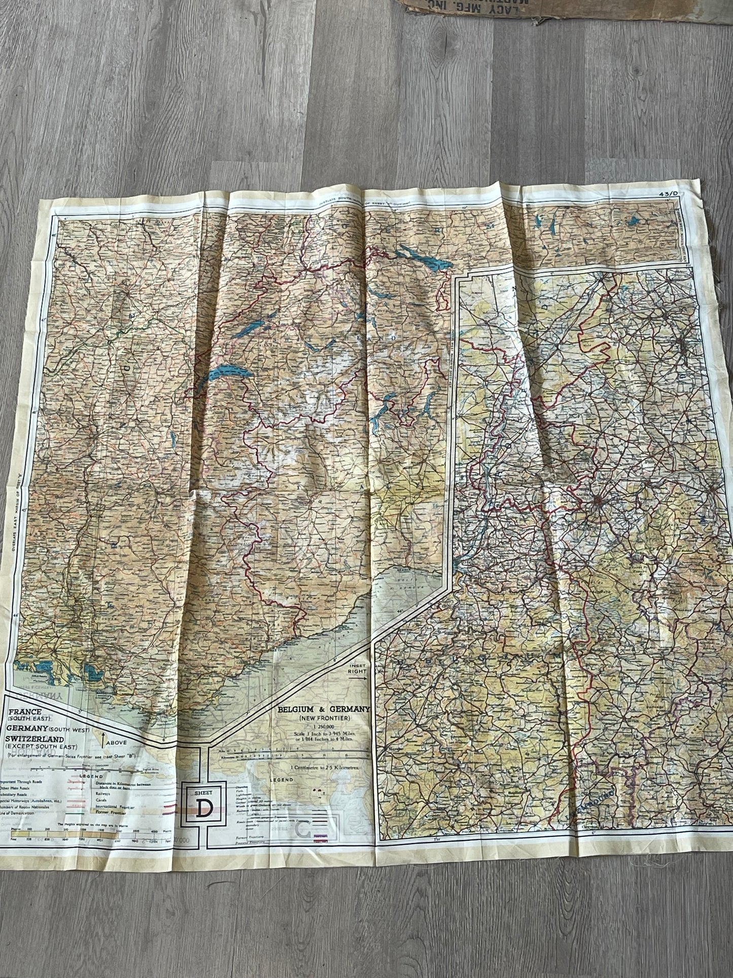Original WWII Allied MI9 Silk Escape & Evasion Map 43/C–43/D – France, Germany, Belgium, Holland & Switzerland