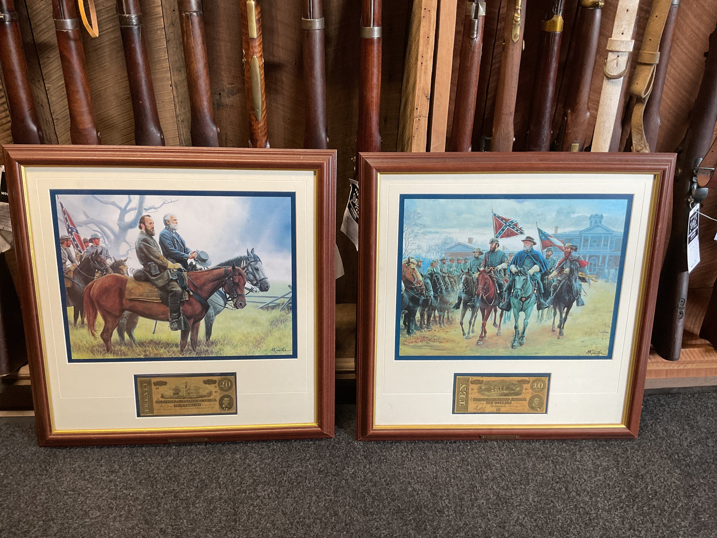 Set of 2 Framed Civil War Confederate Art Prints w/ Replica Currency