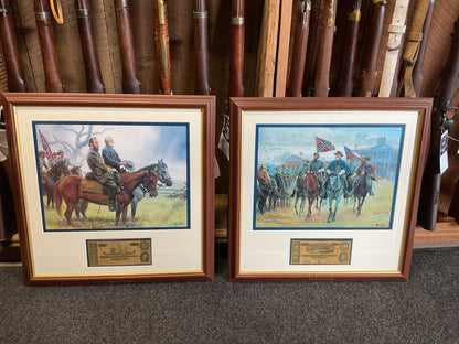 Set of 2 Framed Civil War Confederate Art Prints w/ Replica Currency