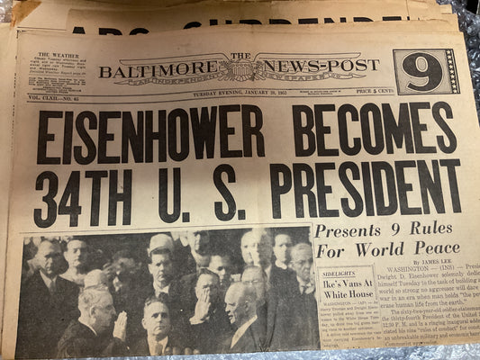 The Baltimore News Post Jan 20, 1953 “34th President”