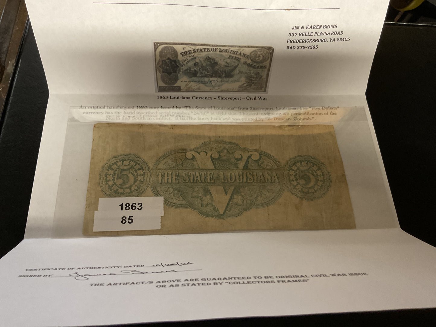Confederate State of Louisiana Five Dollar Bill civil war