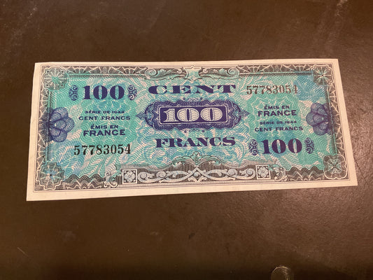 Nice 1944 France Allied Military Currency Banknote 100 Francs