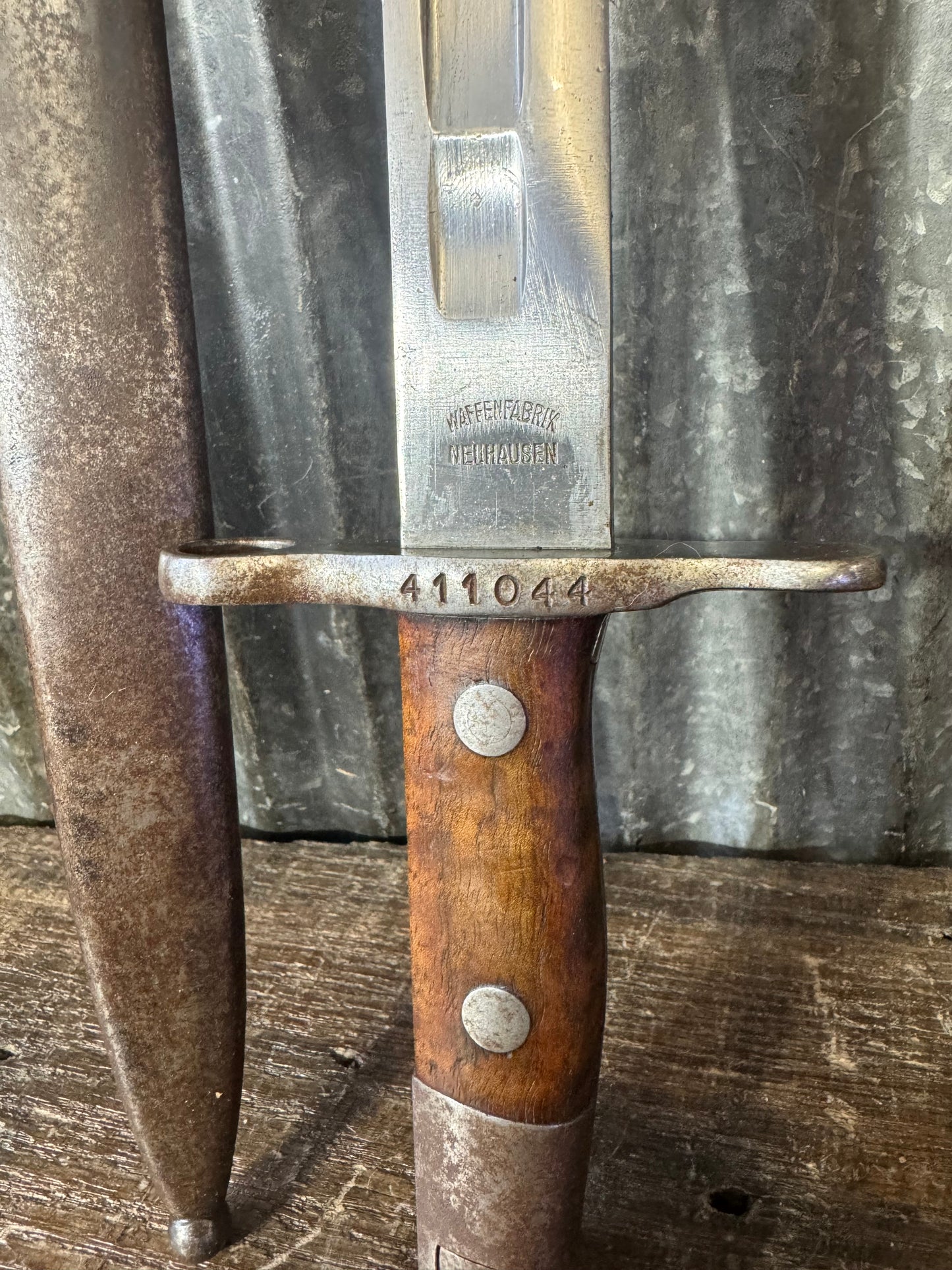 Original Swiss Waffenfabrik Neuhausen M1918 Bayonet & Scabbard – Serial #411044
