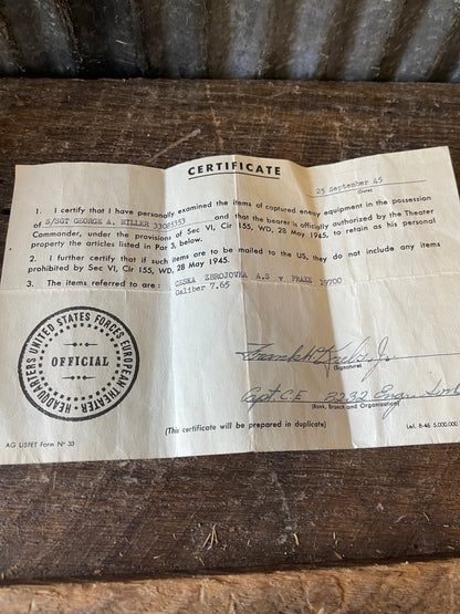 WWII German-Occupation CZ 27 / vz. 27 – DR Marked – Serial No. 19700 – Matching Numbers – Waffenamt Barrel – Original Holster, 2 Magazines & Two U.S. Bring-Back Certificates