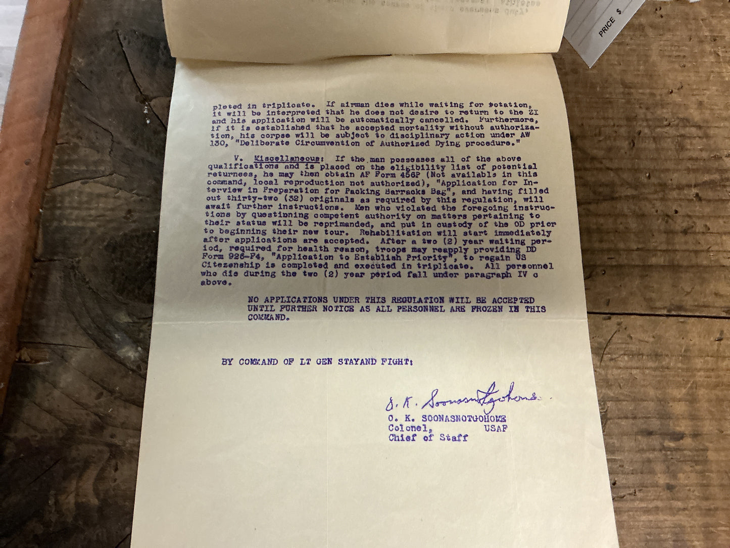 Original Korean War Era Satirical U.S. Army “Rotation Regulations”- Dated May 28, 1951