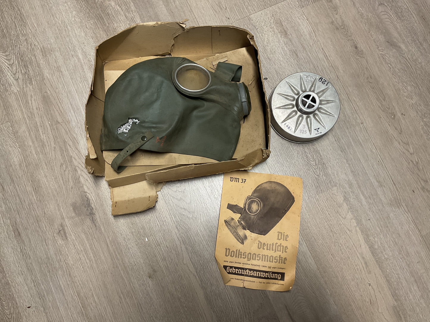 WWII German VM37 Civilian Gas Mask Set (Volksgasmaske) w/ Filter, Box, and Instructions