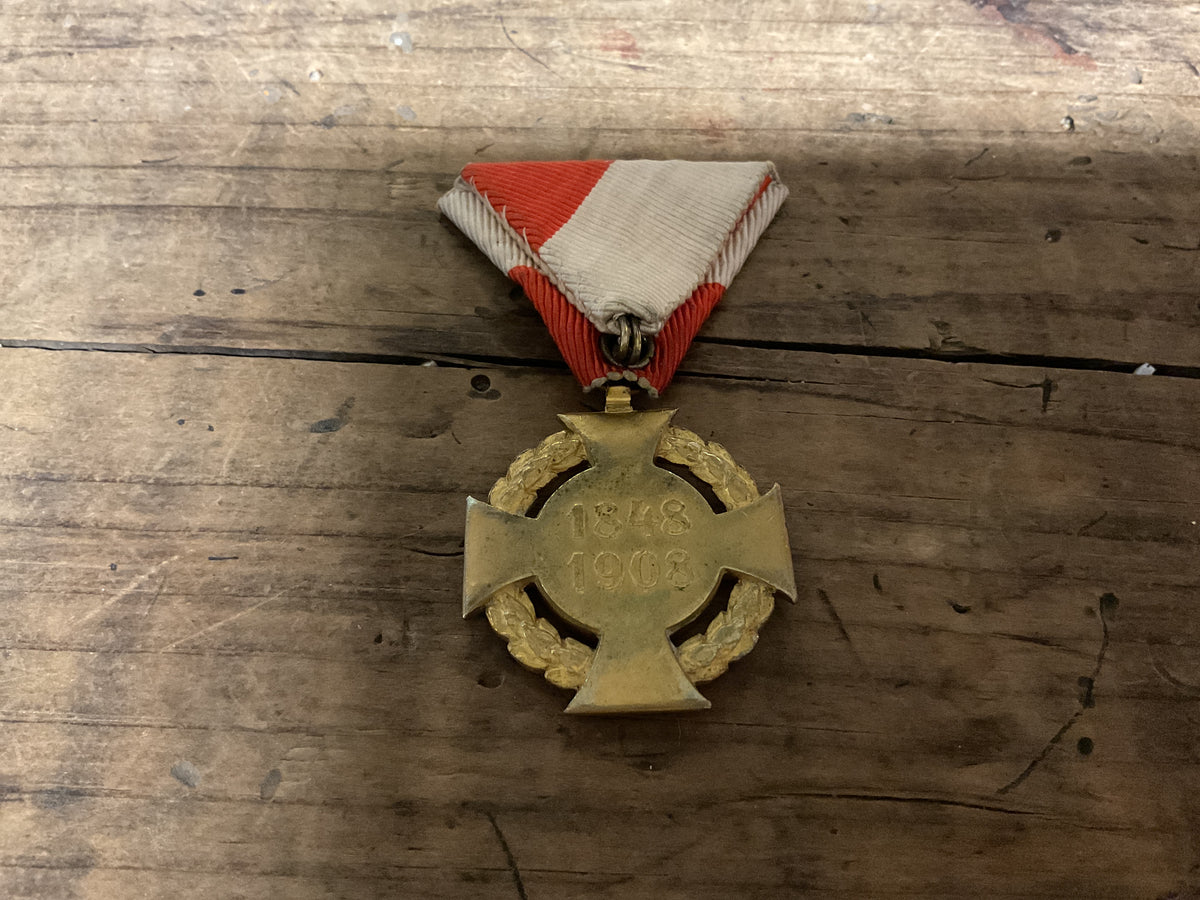 Austria-Hungarian Emperor Franz Joseph I 1848-1908 Jubilee Cross Medal-Original Tri-Fold Ribbon
