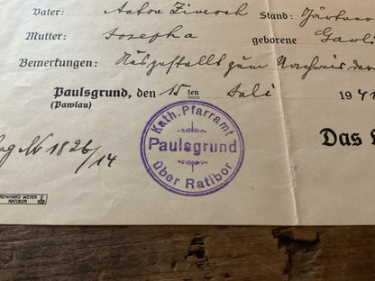 WWII German 1941 Catholic Birth & Baptism Certificate-Paulsgrund/Ralibor, Upper Silesia