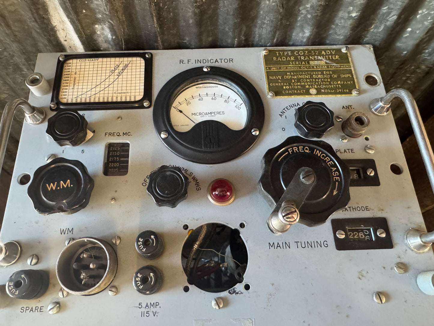 WWII U.S. Navy CGZ-52 ADV Radar Transmitter – OY-1 Radar System – Complete Panel