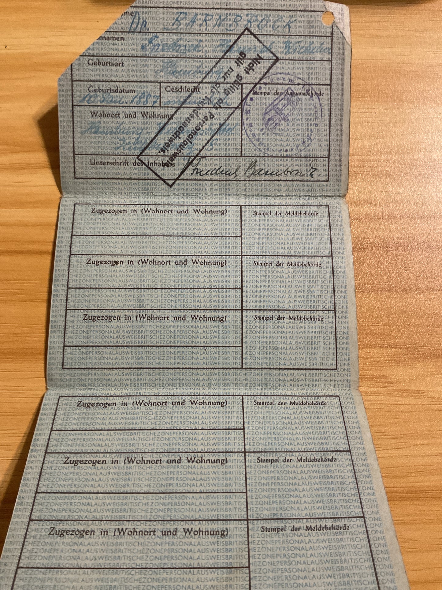 Original 1945 British Occupation Zone German Personalausweis-Hamburg-Allied Post WWII ID Document