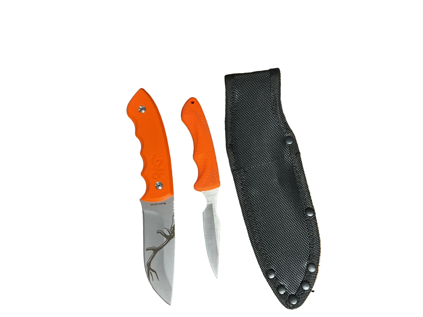 Browning RMEF Hunting Knife Set Skinner & Caping Knife Orange Handles w/ Sheath