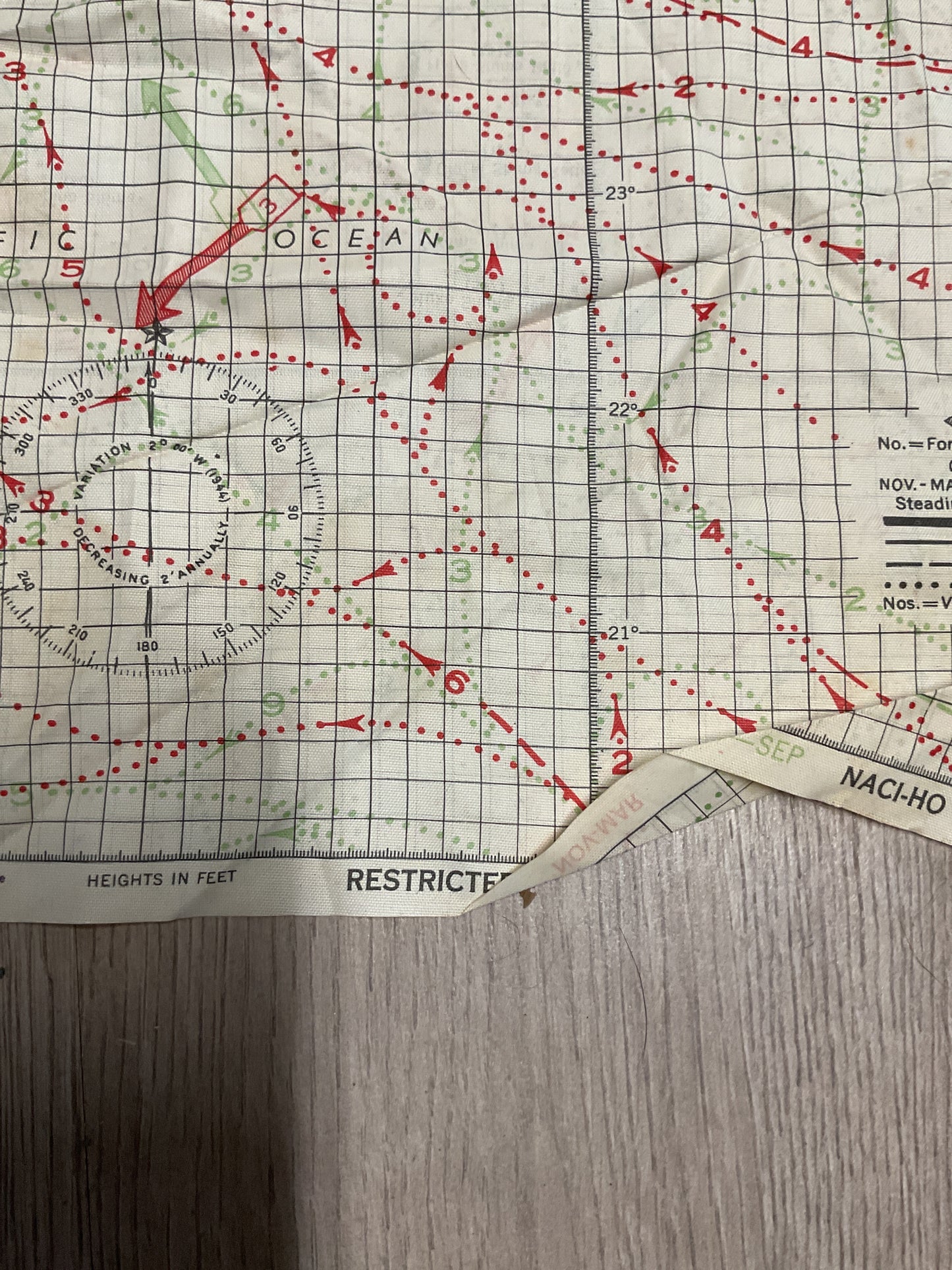 WWII U.S. Navy Pacific Ocean Cloth Navigation Chart-Ocean Currents Map-Original