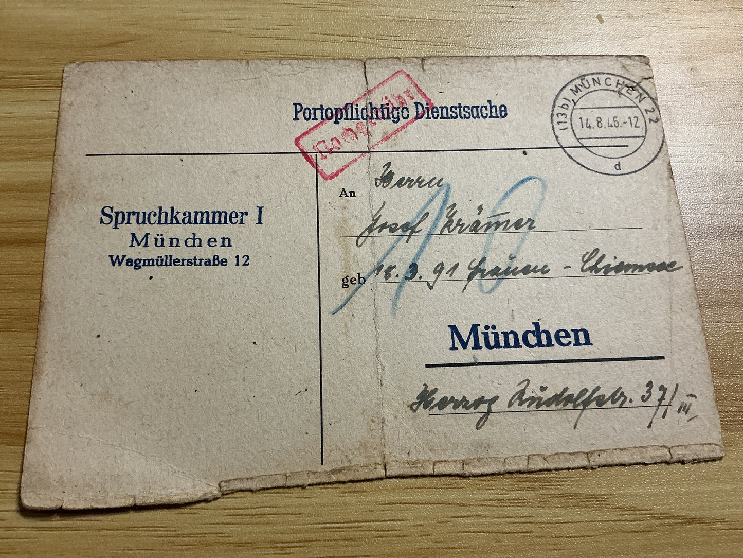 1946 Munich Germany Spruchkammer Denazification Clearance Document-Post WWII-U.S. Occupation