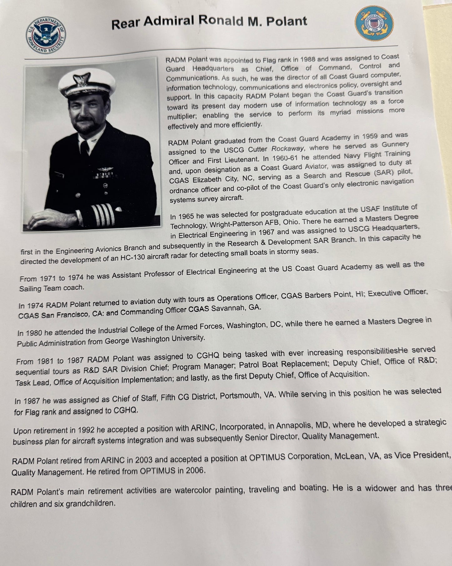 UNITED STATES COAST GUARD

REAR ADMIRAL RONALD M. POLANT

NAMED AVIATION & COMMAND GROUPING