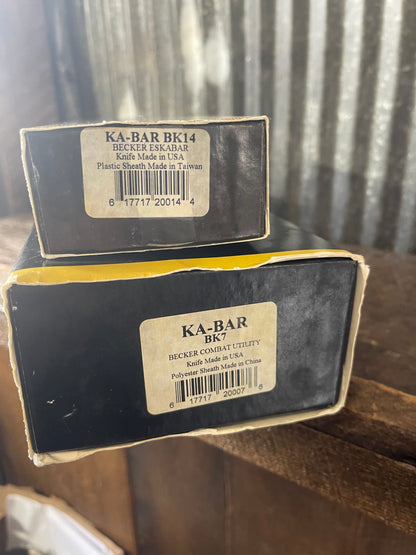 KA-BAR Becker BK7 Combat Utility & BK14 Eskabar Knife Package — Boxes, Sheaths, Paperwork & Custom Kydex Sheath