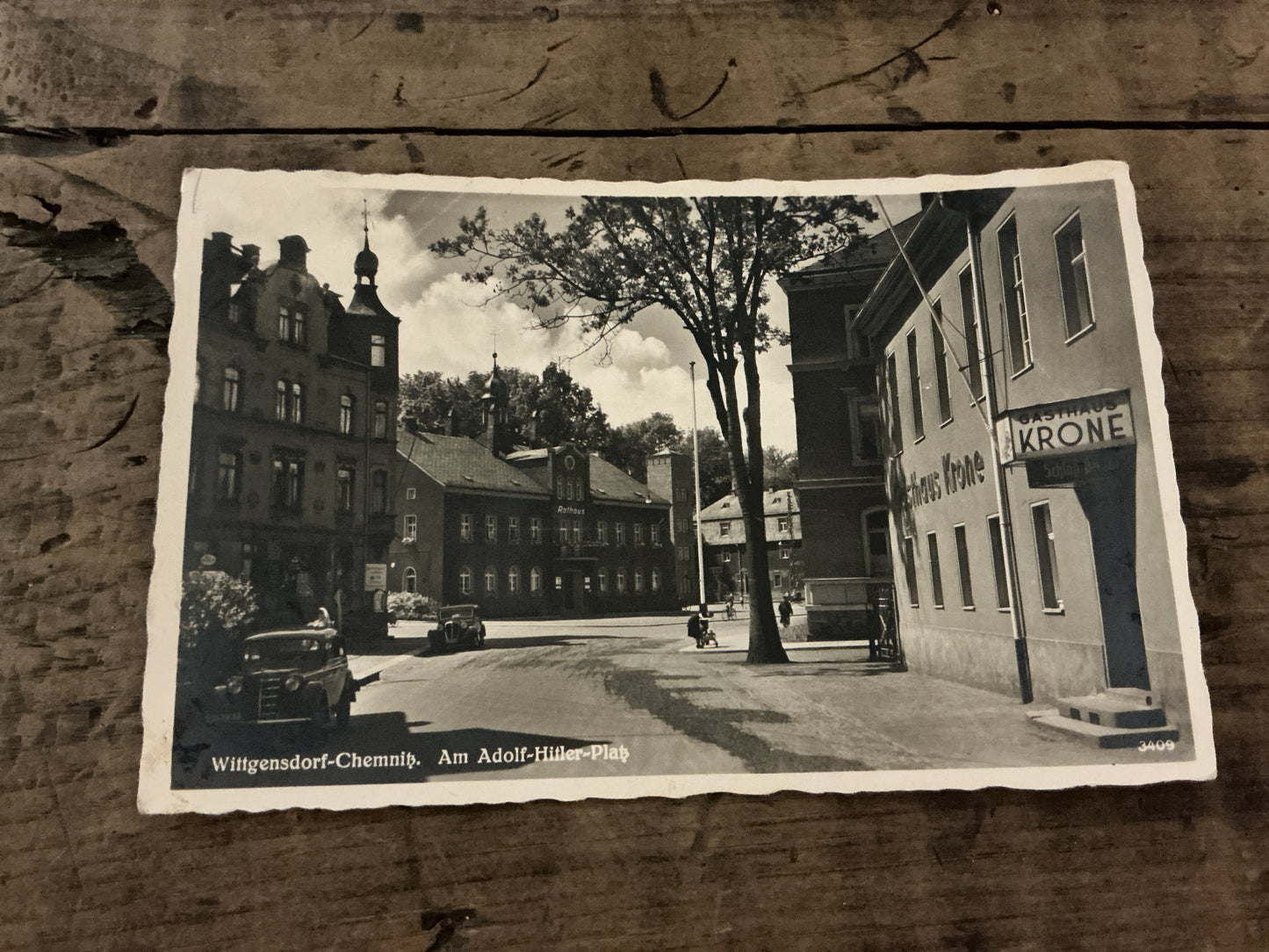Original WWII German Real Photo Postcard-Wittgensdorf-Chemnitz “Am Adolf Hitler-Platz”