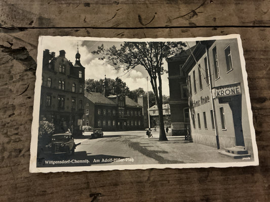 Original WWII German Real Photo Postcard-Wittgensdorf-Chemnitz “Am Adolf Hitler-Platz”