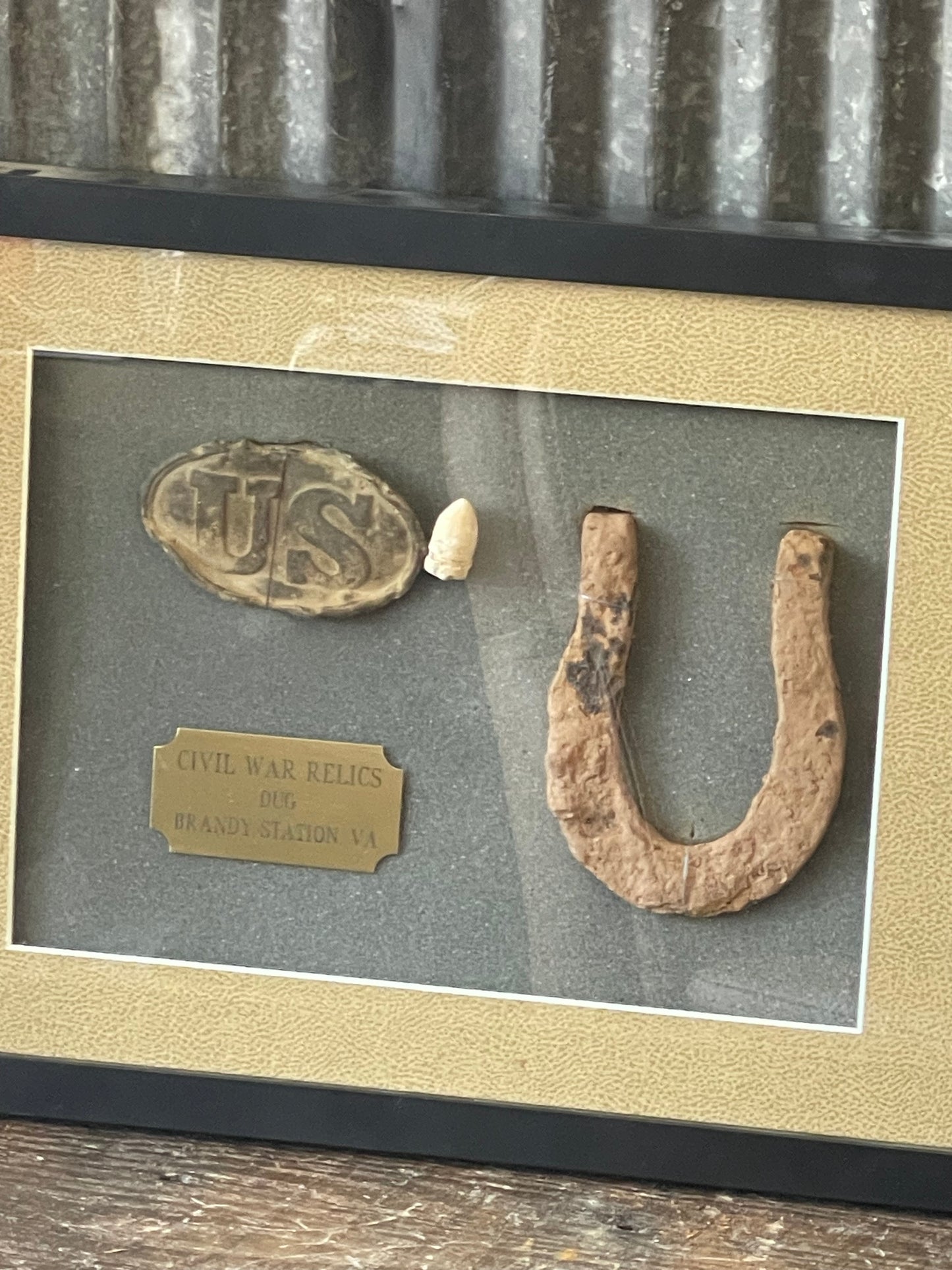 Civil War Relic Display – Dug U.S. Belt Plate, Minié Ball & Horseshoe Relics