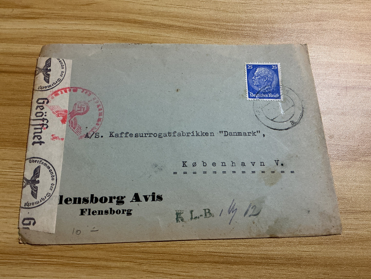 1930’s German Postal Cover-Flensburg to Denmark-Censored/ “Geoffnet”