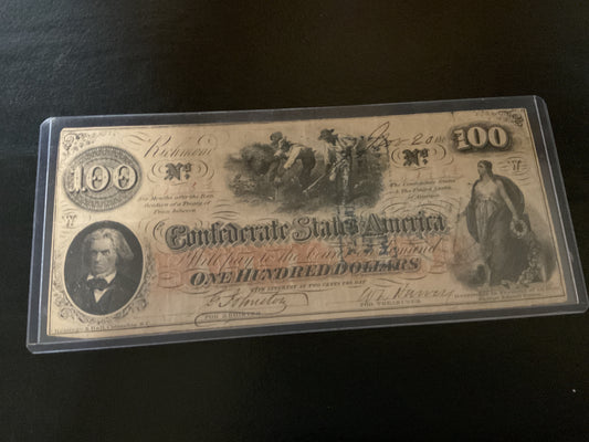 Confederate State of America One Hundred Dollar Note Civil War